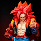Gros plan de Gogeta Super Saiyan 4 avec cheveux et fourrure rouges