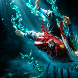 Gros plan sur les effets aquatiques translucides de la figurine Jiraiya