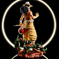 Vue trois-quarts arrière de la figurine Usopp avec sacoche et équipement